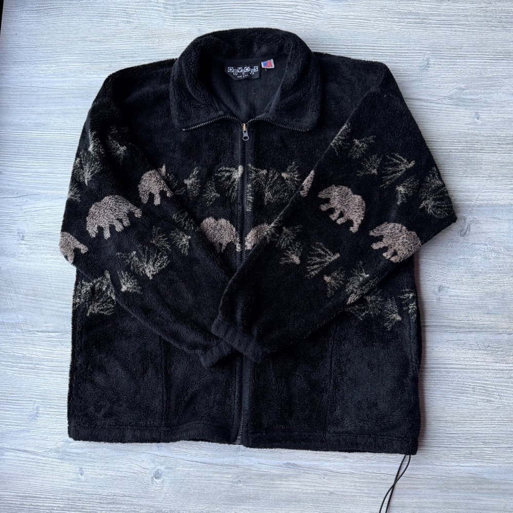 Vintage Obvious USA Bear Print Fleece Jacket Black Sherpa Full Zip Gorpcore L